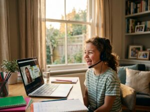 Child laughing while attending an online lesson on a laptop at home