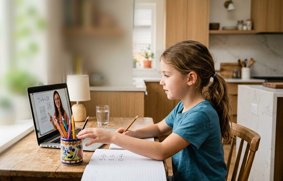Girl doing an online math lesson with a tutor on a laptop